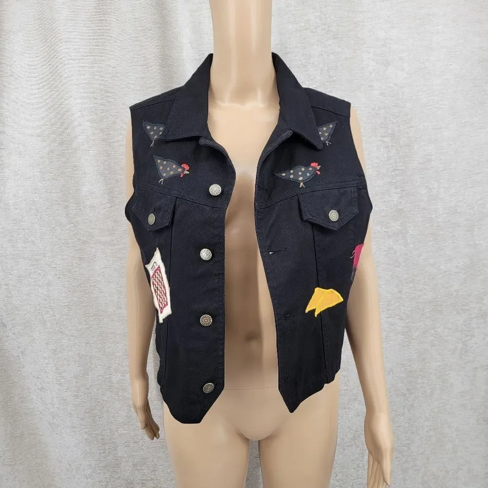 Vintage 80s Black Denim Vest with Embroidered Patches Chickens Farmcore - Picture 4 of 16